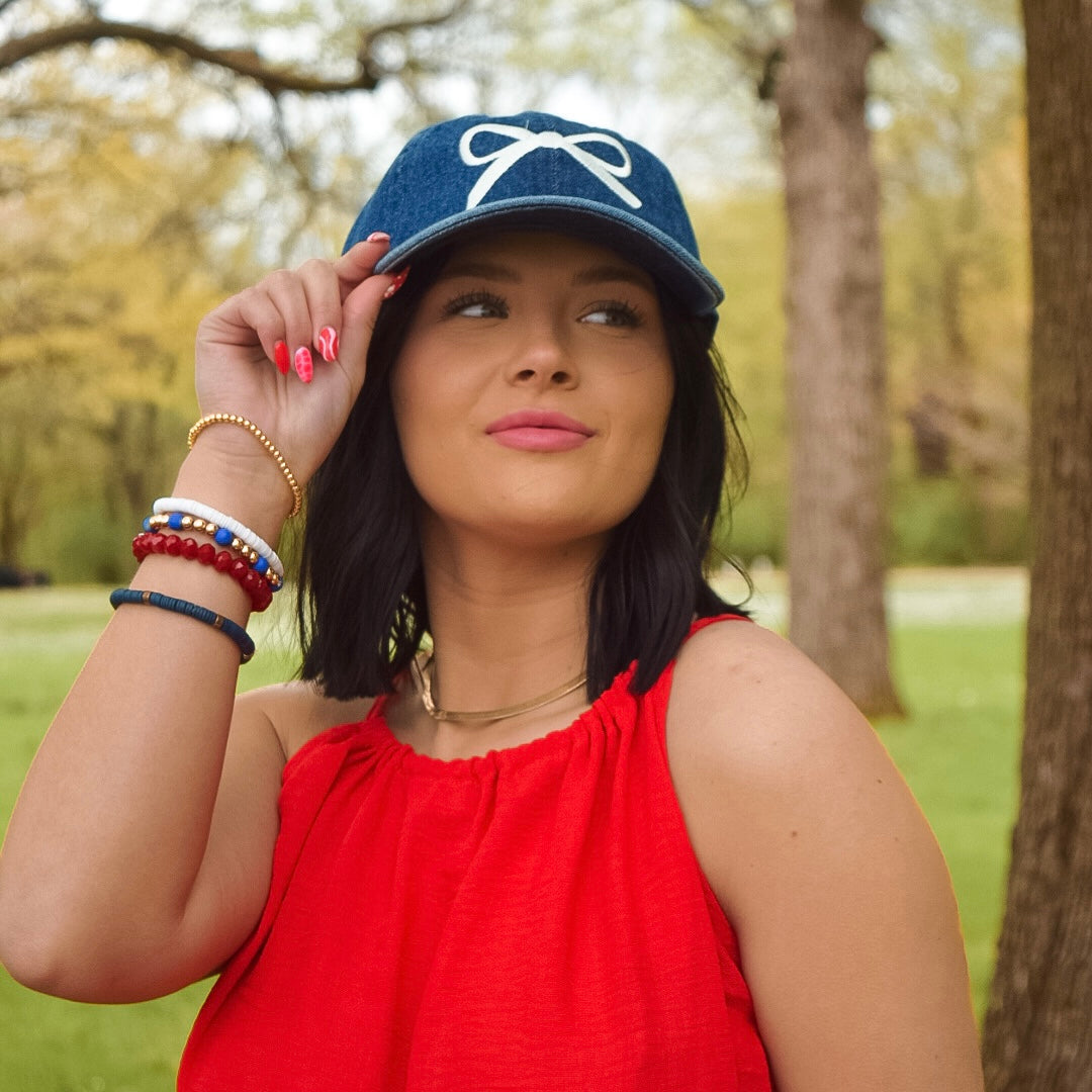 Embroidered Bow Denim Baseball Cap