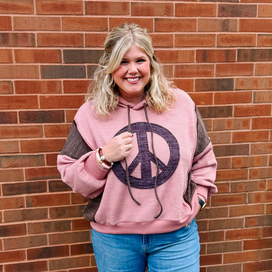 Peace Sign Ribbed Knit Hoodie Pullover