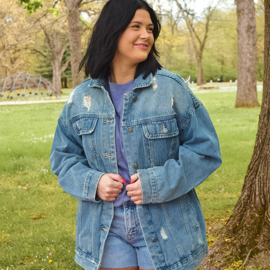 Medium Wash Distressed Classic Denim Jacket